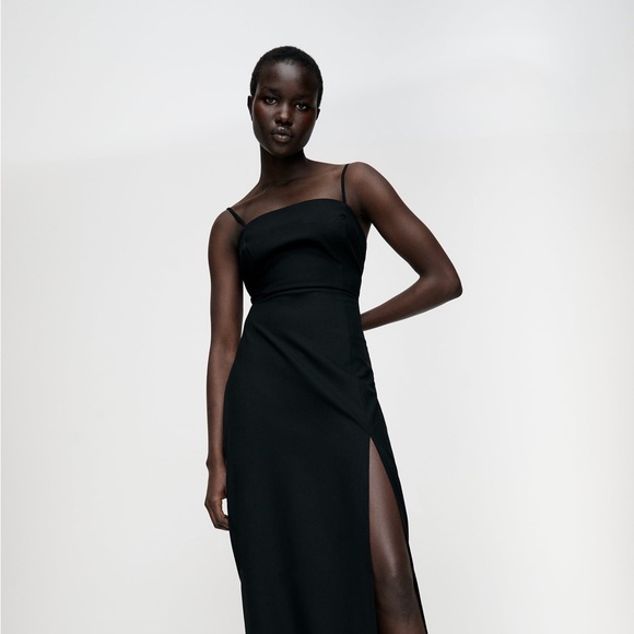 Zara Black Midi Evening Dress With Slit Size Medium - Picture 2 of 3